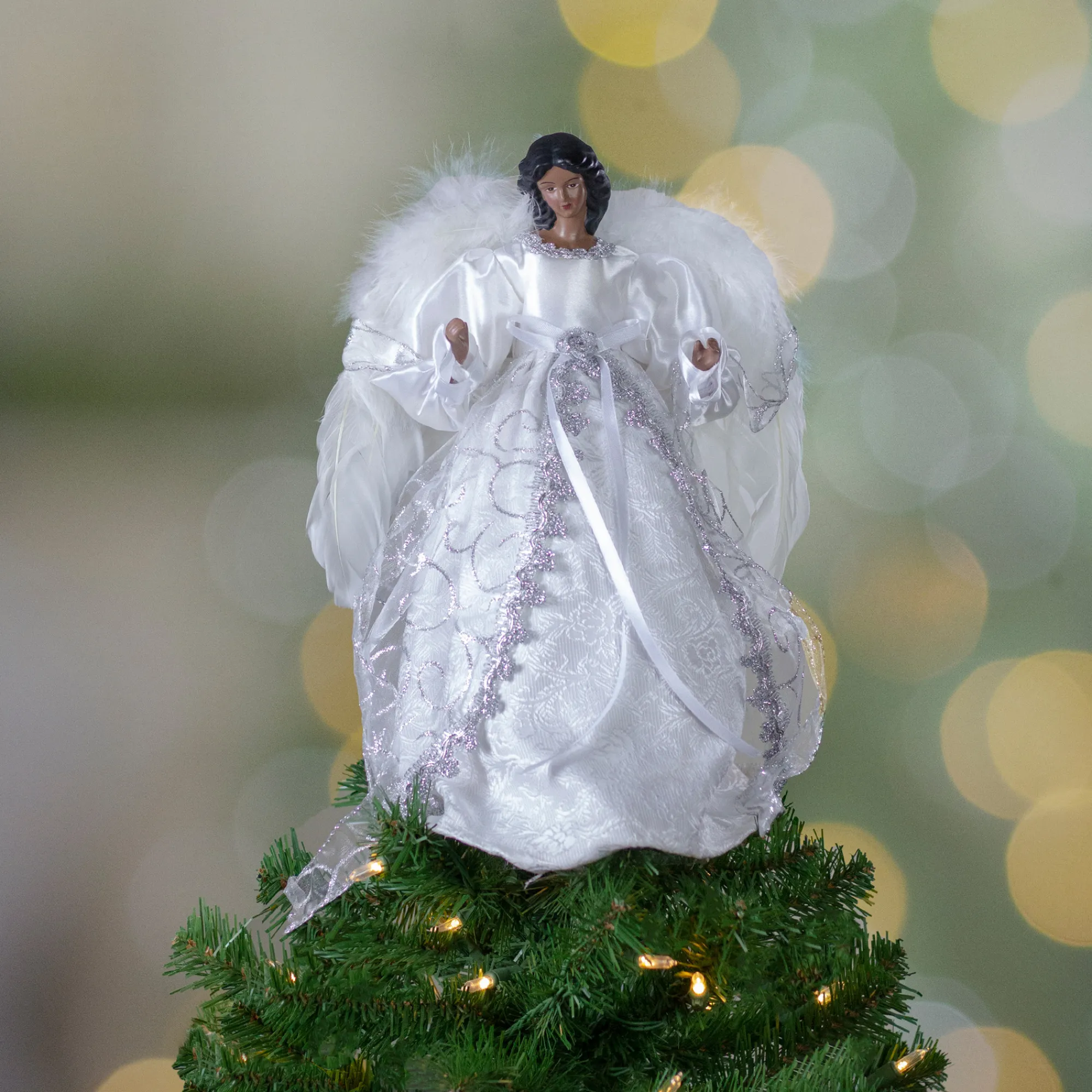 Northlight Angels-14" African American Silver And White Angel Christmas Tree Topper, Unlit