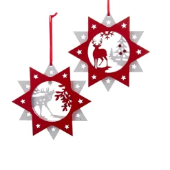 Kurt Adler Stars-5.5" Alpine Chic Red And White Wooden Star With Reindeer Cut-Out Christmas Ornament