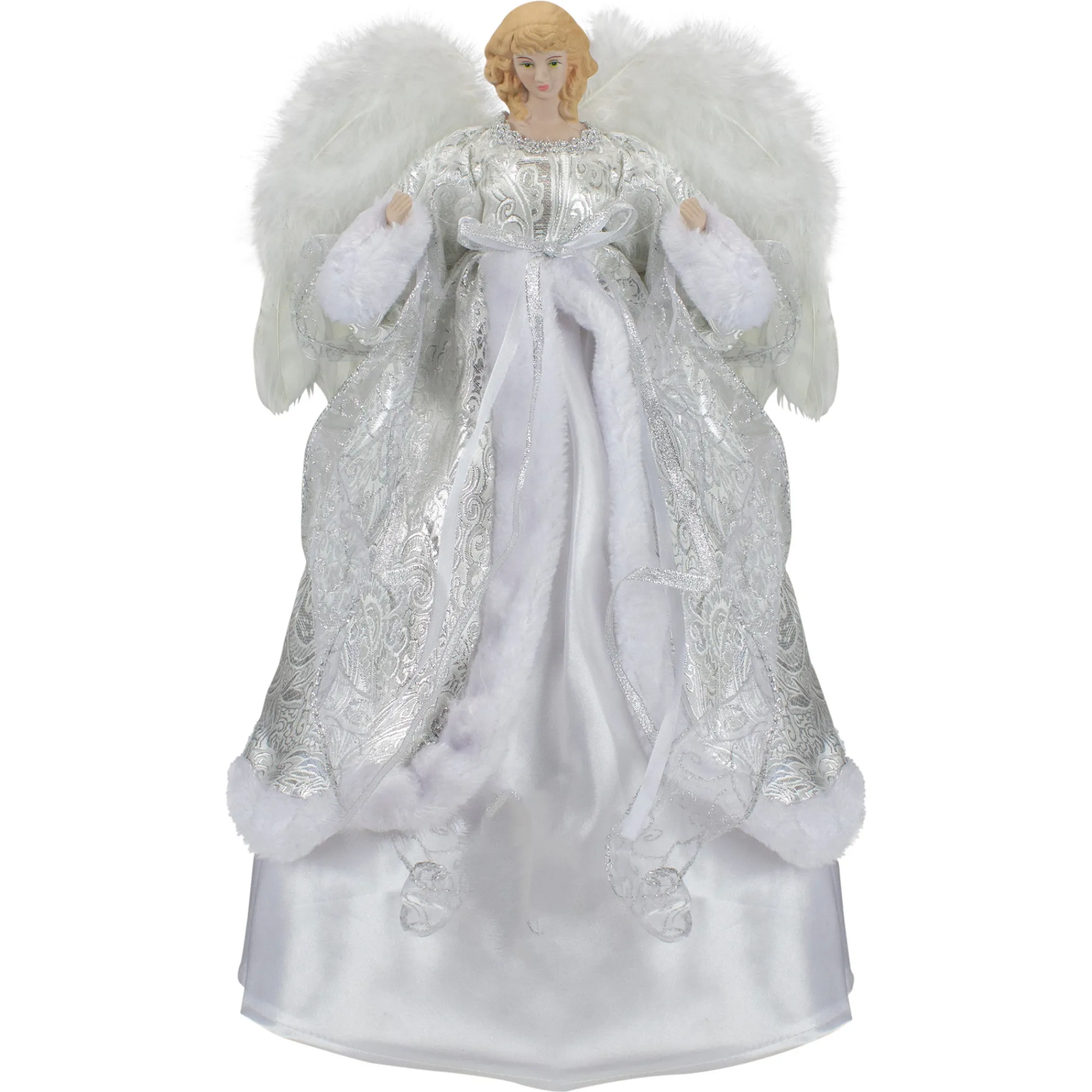 Northlight Angels-18" Blonde Angel In White And Sliver Dress With Faux Fur Trim Christmas Tree Topper