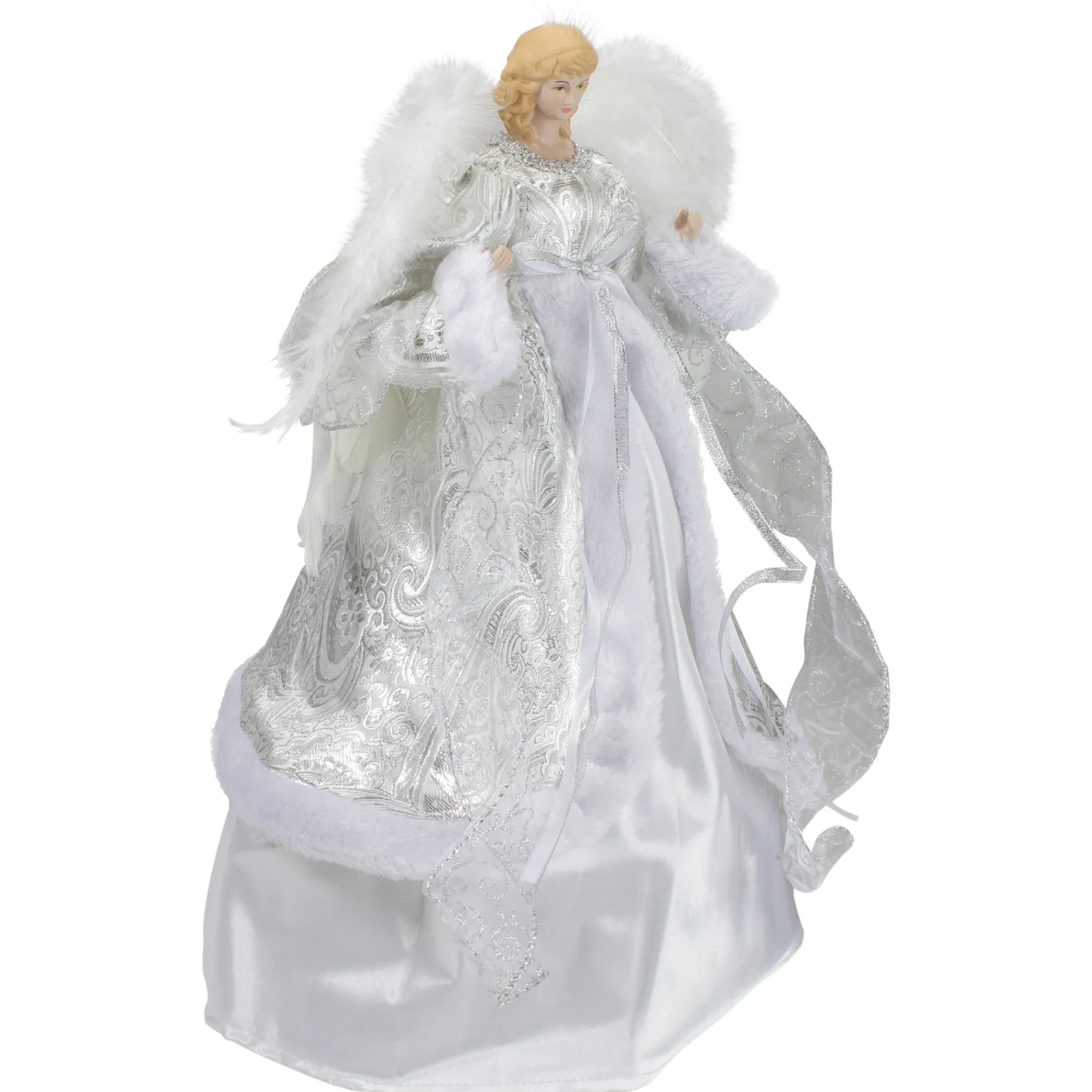 Northlight Angels-18" Blonde Angel In White And Sliver Dress With Faux Fur Trim Christmas Tree Topper