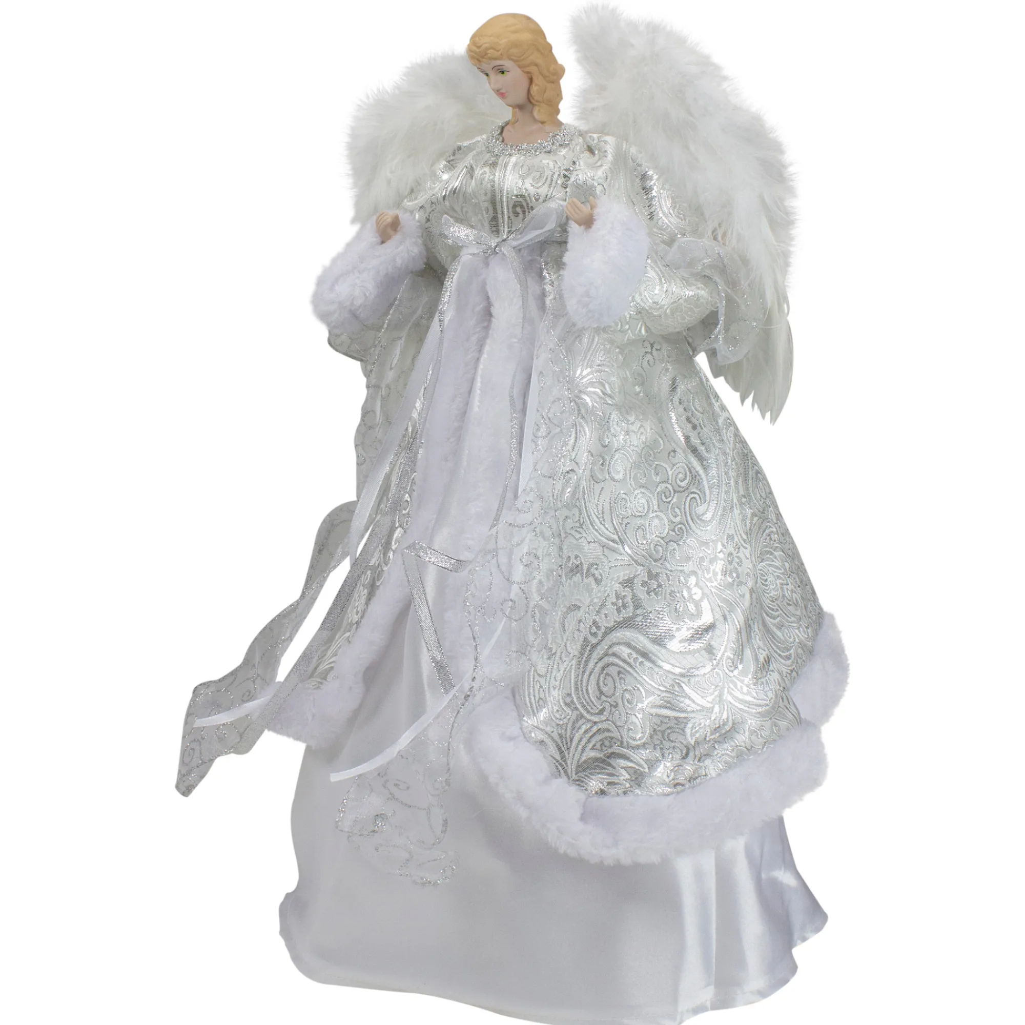 Northlight Angels-18" Blonde Angel In White And Sliver Dress With Faux Fur Trim Christmas Tree Topper