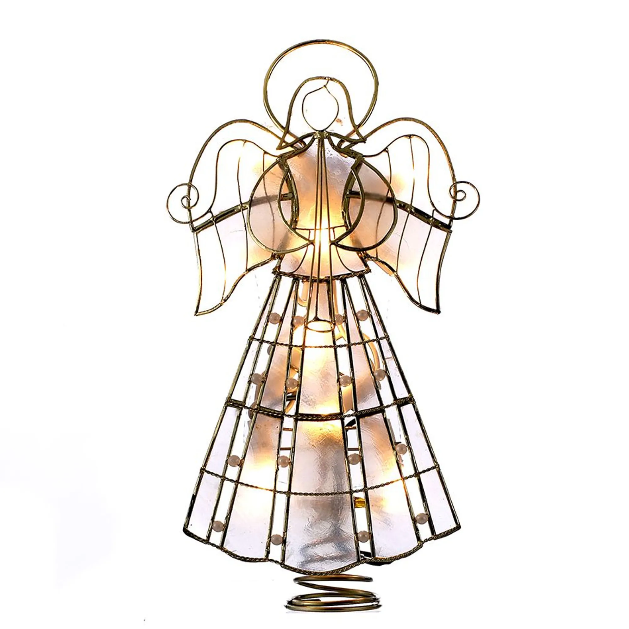 CC Christmas Decor Angels-9.75" Brown Christmas Indoor Accent Capiz Lighted Angel Tree Topper With Vines And Pearls