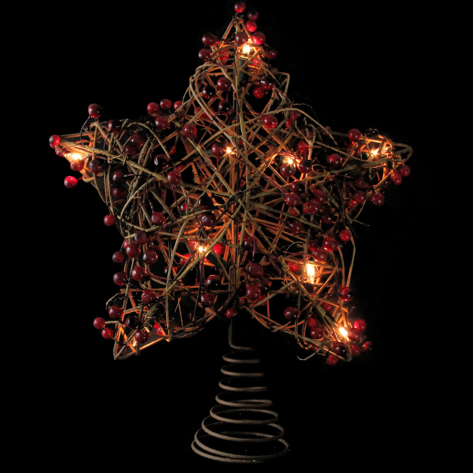 Northlight Stars-13.5" Brown Rattan With Red Berries Star Christmas Tree Topper - Clear Lights