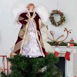 Northlight Angels-14" Burgundy And White Angel With Lighted Candle Christmas Tree Topper