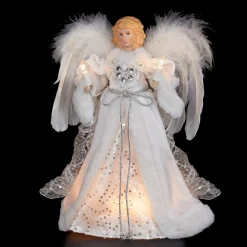 KSA Angels-12" Divine White And Silver Lighted Angel Christmas Tree Topper - Clear Lights