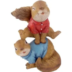 Outdoor Living and Style Finials-9" Duo Of Fun Leaping Squirrels In Red And Blue Shirt