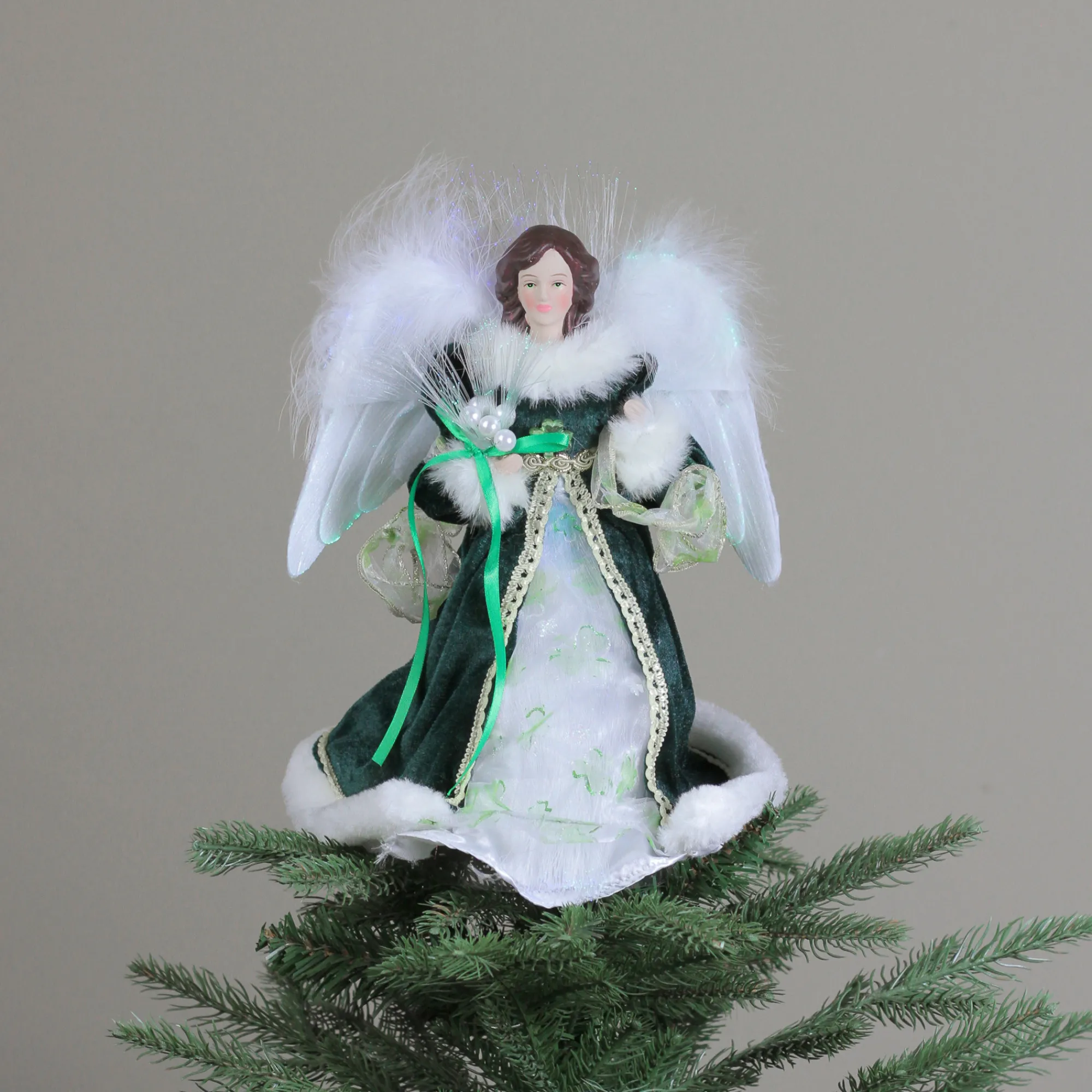Kurt Adler Angels-12" Fiber Optic Luck Of The Irish Angel In Shamrock Dress Christmas Tree Topper