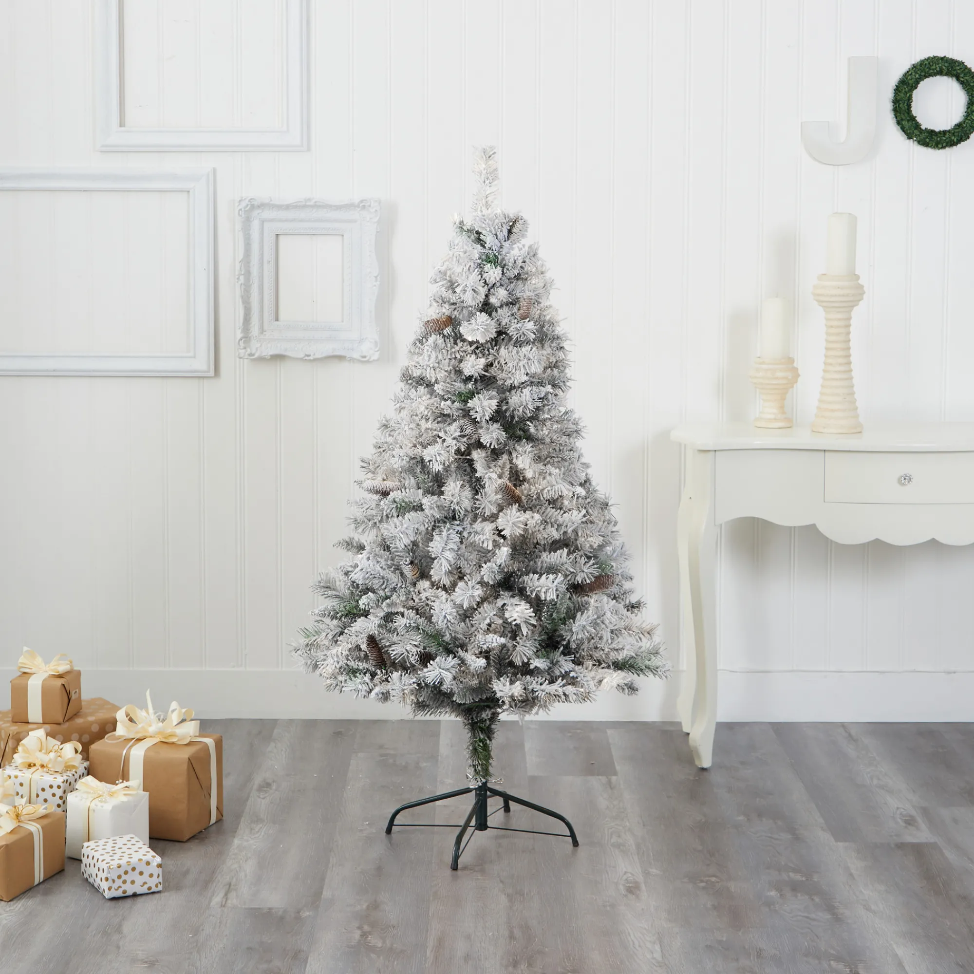 Nearly Natural Unlit-5' Flocked With White Pinecones Artificial Christmas Tree, Unlit