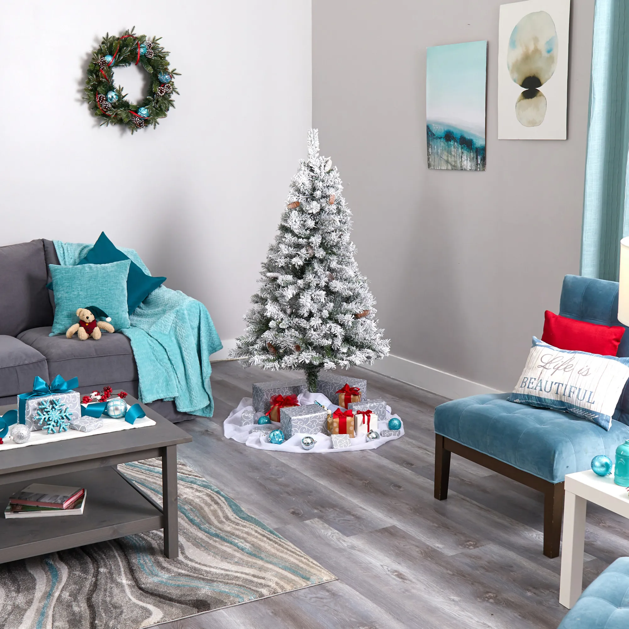 Nearly Natural Unlit-5' Flocked With White Pinecones Artificial Christmas Tree, Unlit