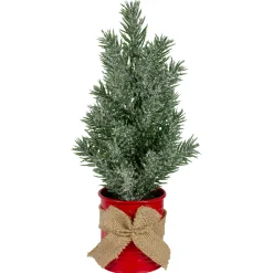 Northlight Unlit-12" Frosted Upswept Mini Christmas Tree With Red Tin Base And Burlap Bow - Unlit