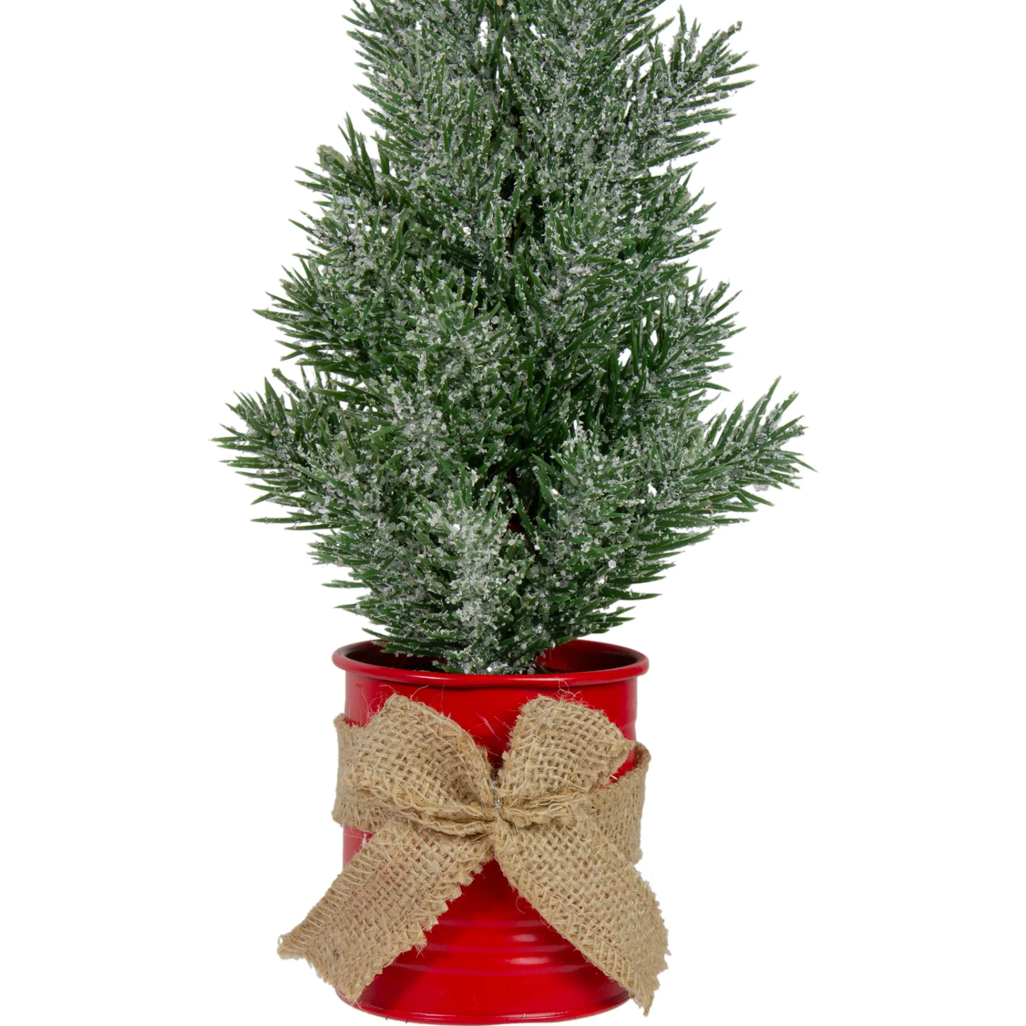 Northlight Unlit-12" Frosted Upswept Mini Christmas Tree With Red Tin Base And Burlap Bow - Unlit