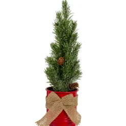 Northlight Unlit-11.75" Frosted Upswept Mini Pine Christmas Tree In Red Tin Pot - Unlit