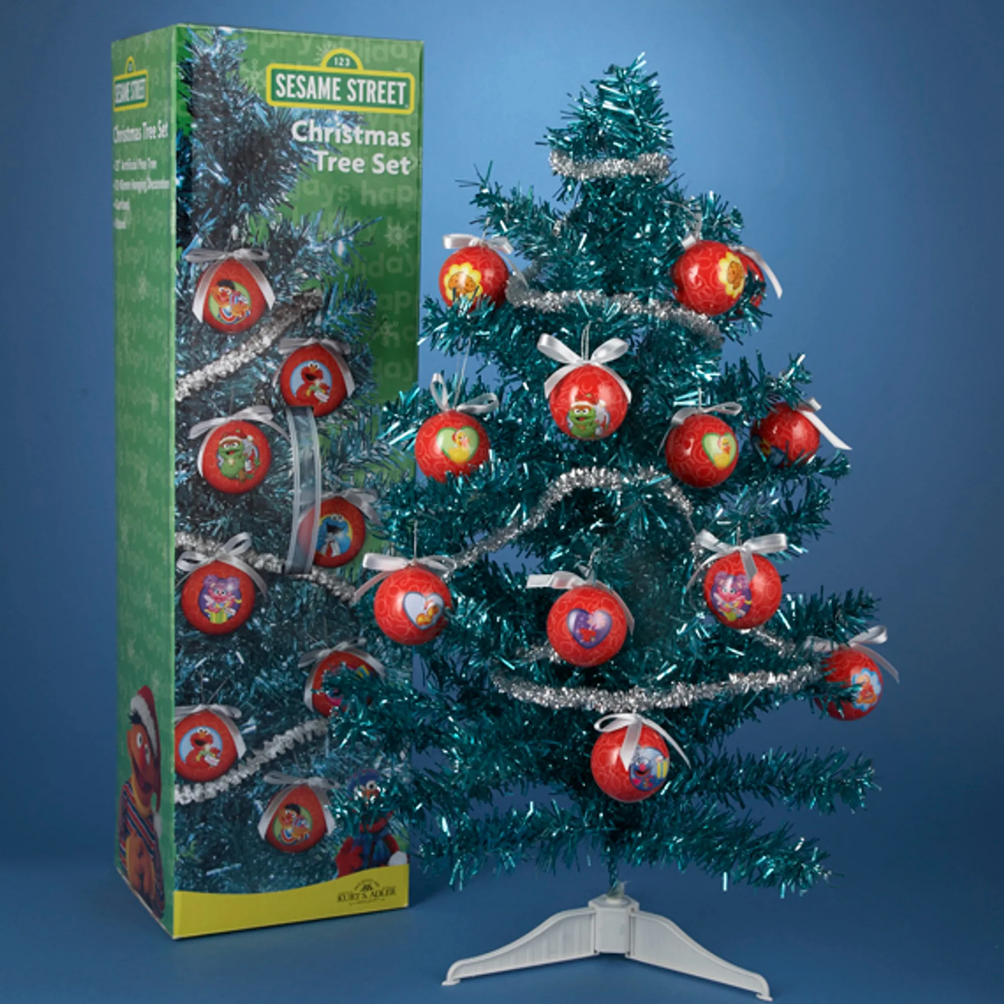 Kurt Adler Unlit-2' Fully Decorated Sesame Street Teal Blue Tinsel Artificial Christmas Tree - Unlit