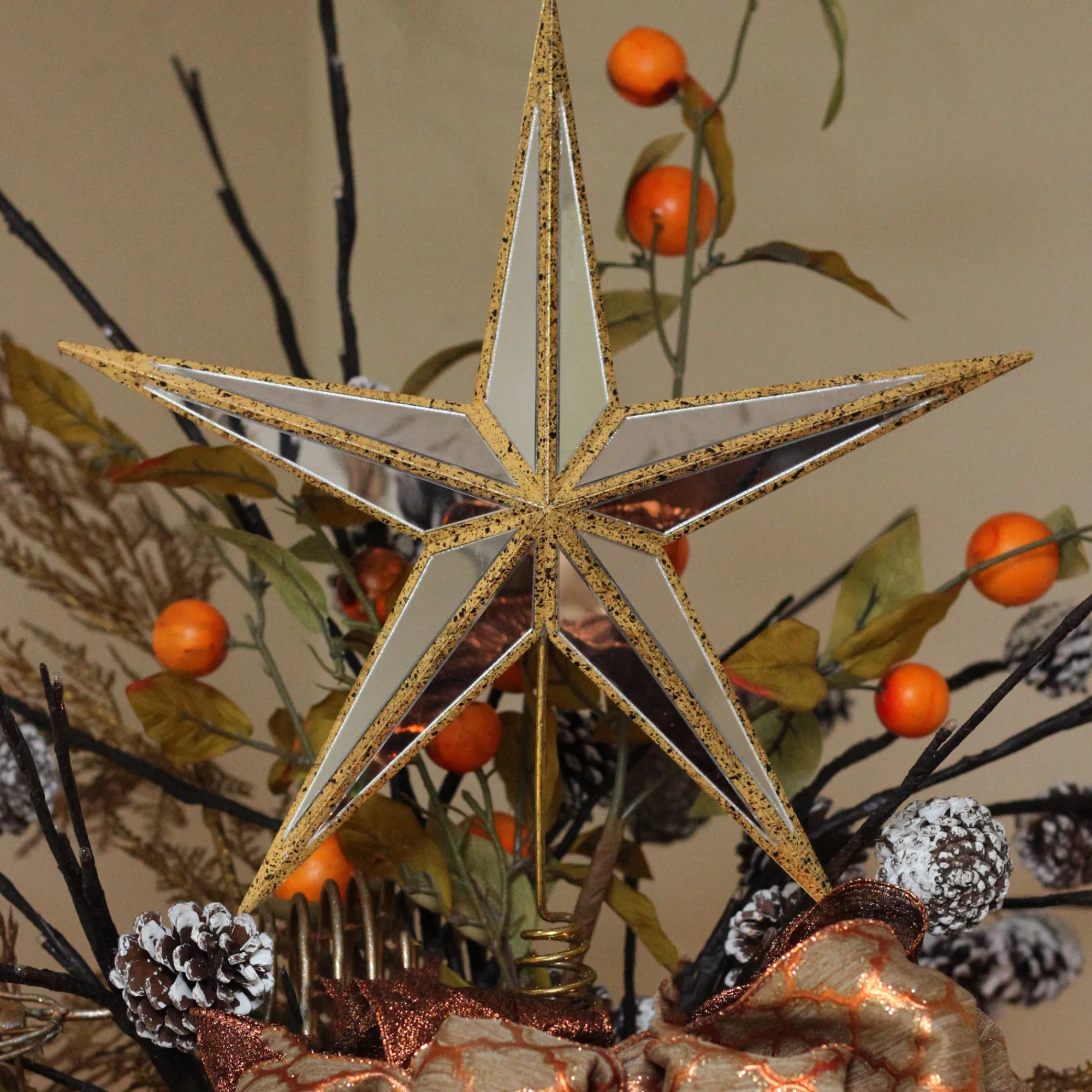Roman Stars-14" Gilded White Christmas Gold Mirrored Star Tree Topper - Unlit