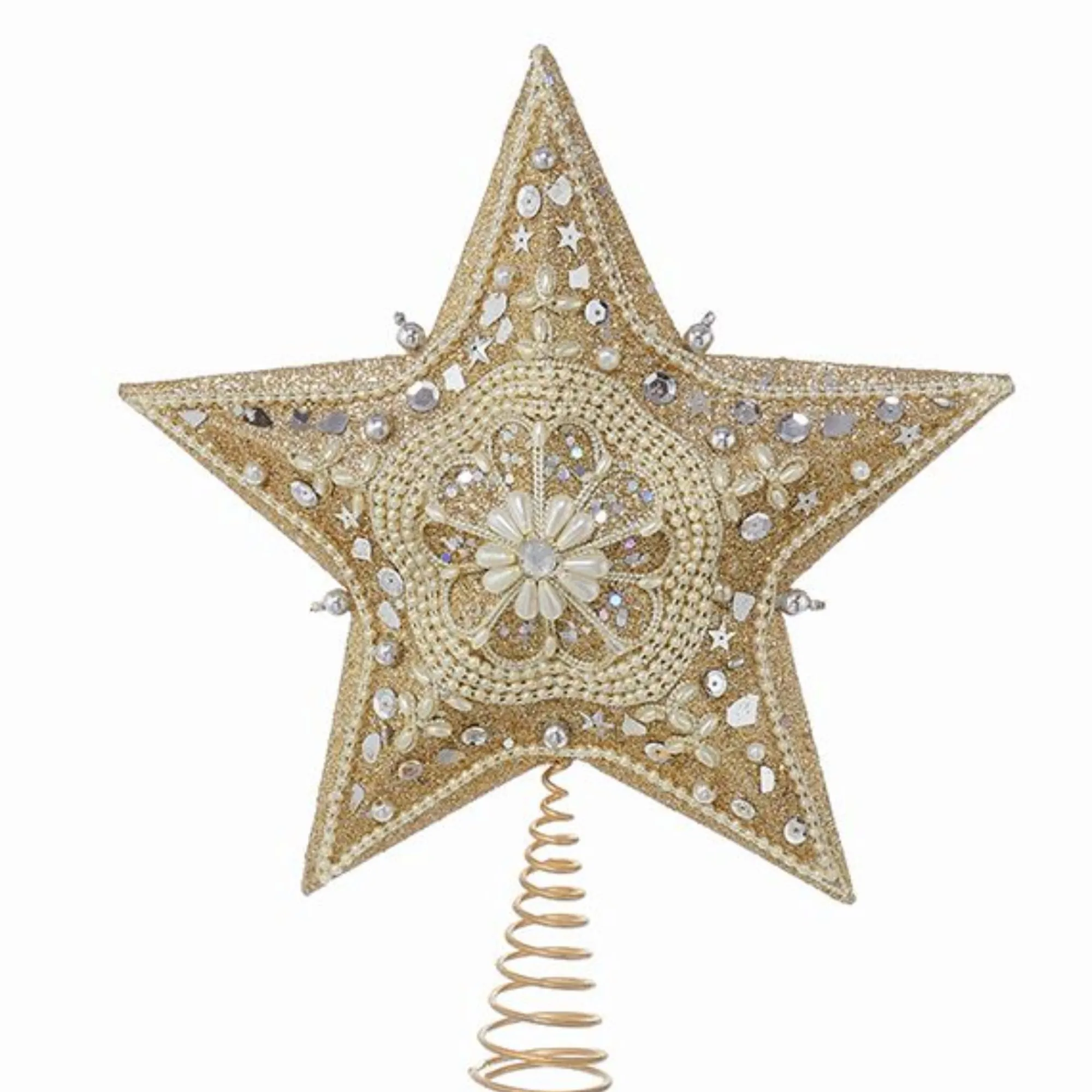 KSA Stars-13" Glittered And Jeweled Platinum Star Christmas Tree Topper - Unlit