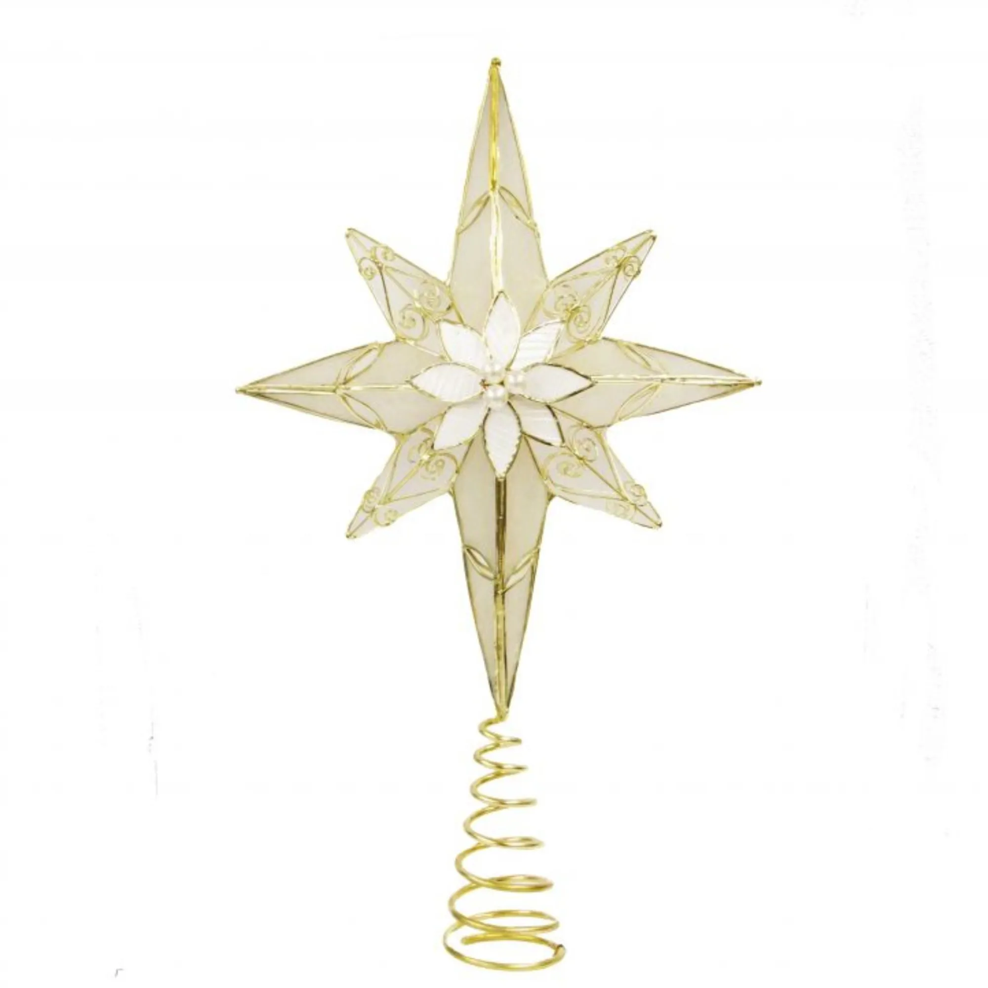 KSA Stars-12" Gold And White Capiz 8-Point Star Christmas Tree Topper - Unlit