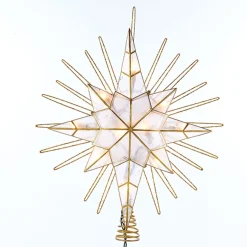 CC Christmas Decor Stars-14" Gold Colored Glittering Capiz Bethlehem Star Lighted Tree Topper