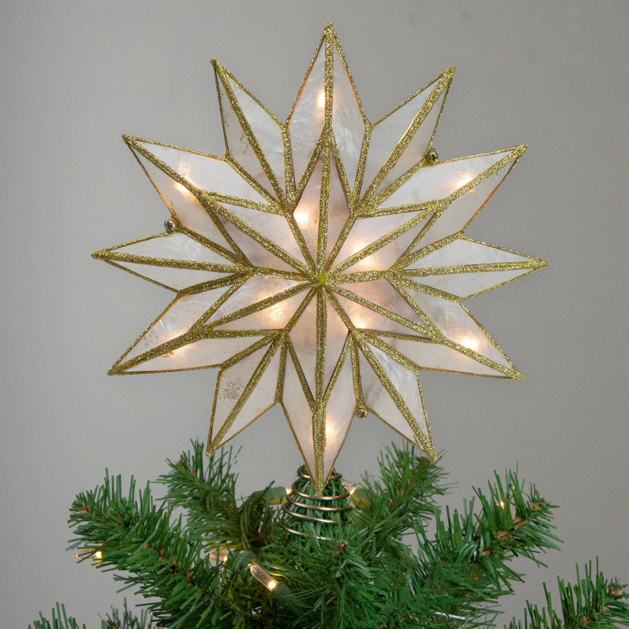 Kurt Adler Stars-8" Gold Three Dimensional Star Christmas Tree Topper - White Lights