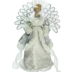 Northlight Angels-13" Gray And Silver Lighted Fiber Optic Angel In Gown Christmas Tree Topper - Multicolor Lights