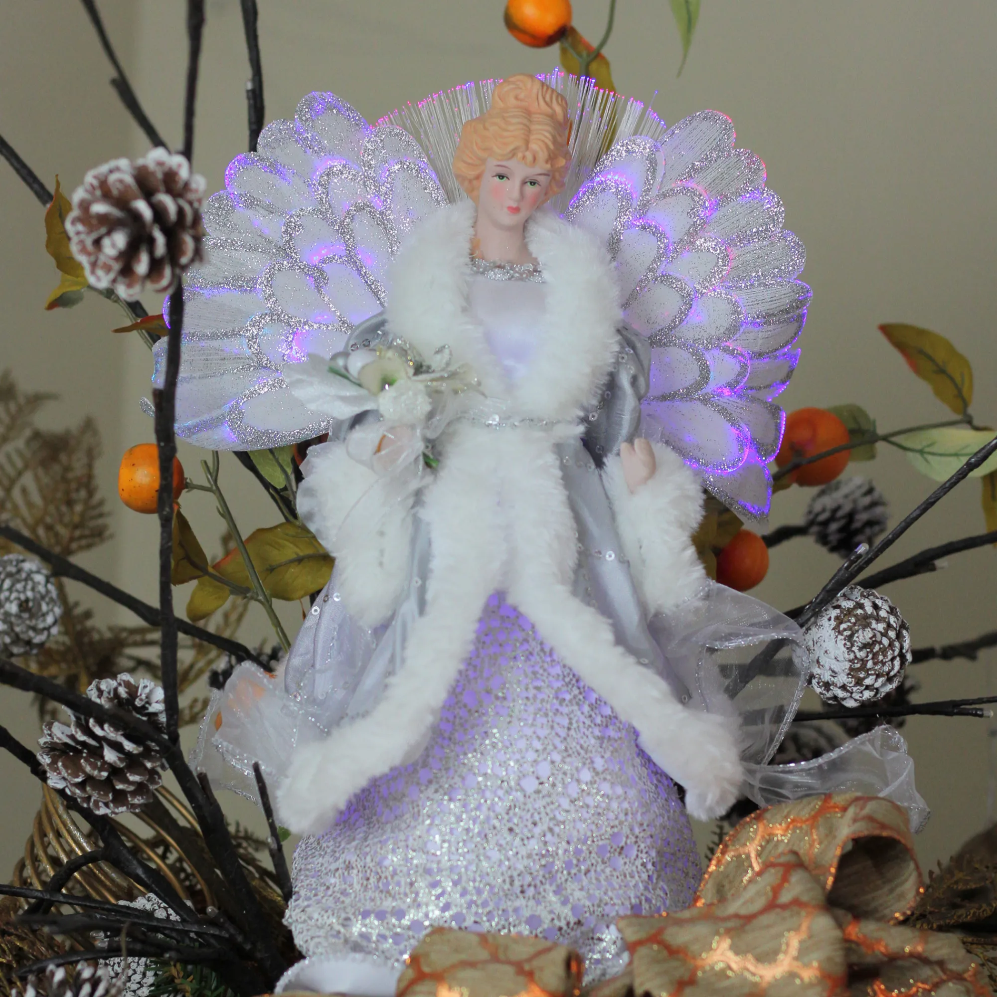 Northlight Angels-13" Gray And Silver Lighted Fiber Optic Angel In Gown Christmas Tree Topper - Multicolor Lights
