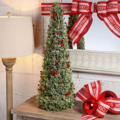 Contemporary Home Living Unlit-30" Green And Red Berry Frosted Boxwood Cone Artificial Christmas Tree