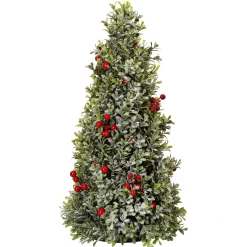 Contemporary Home Living Unlit-18" Green And Red Berry Frosted Boxwood Cone Artificial Christmas Tree