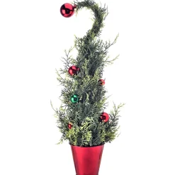 Contemporary Home Living Unlit-18" Green And Red Shatterproof Curl Top Cedar With Balls Potted Christmas Tabletop Tree