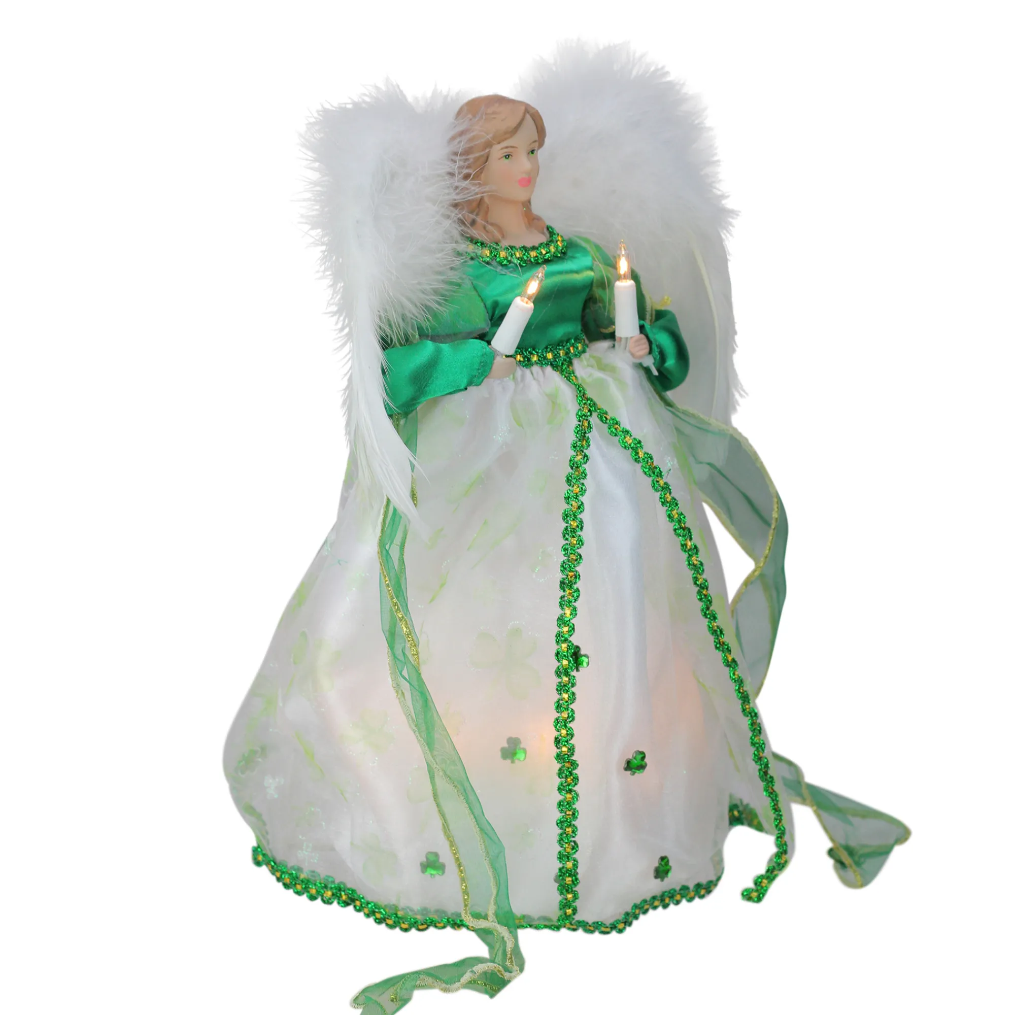 Kurt Adler Angels-12" Green And White Lighted Luck Of The Irish Angel Christmas Tree Topper