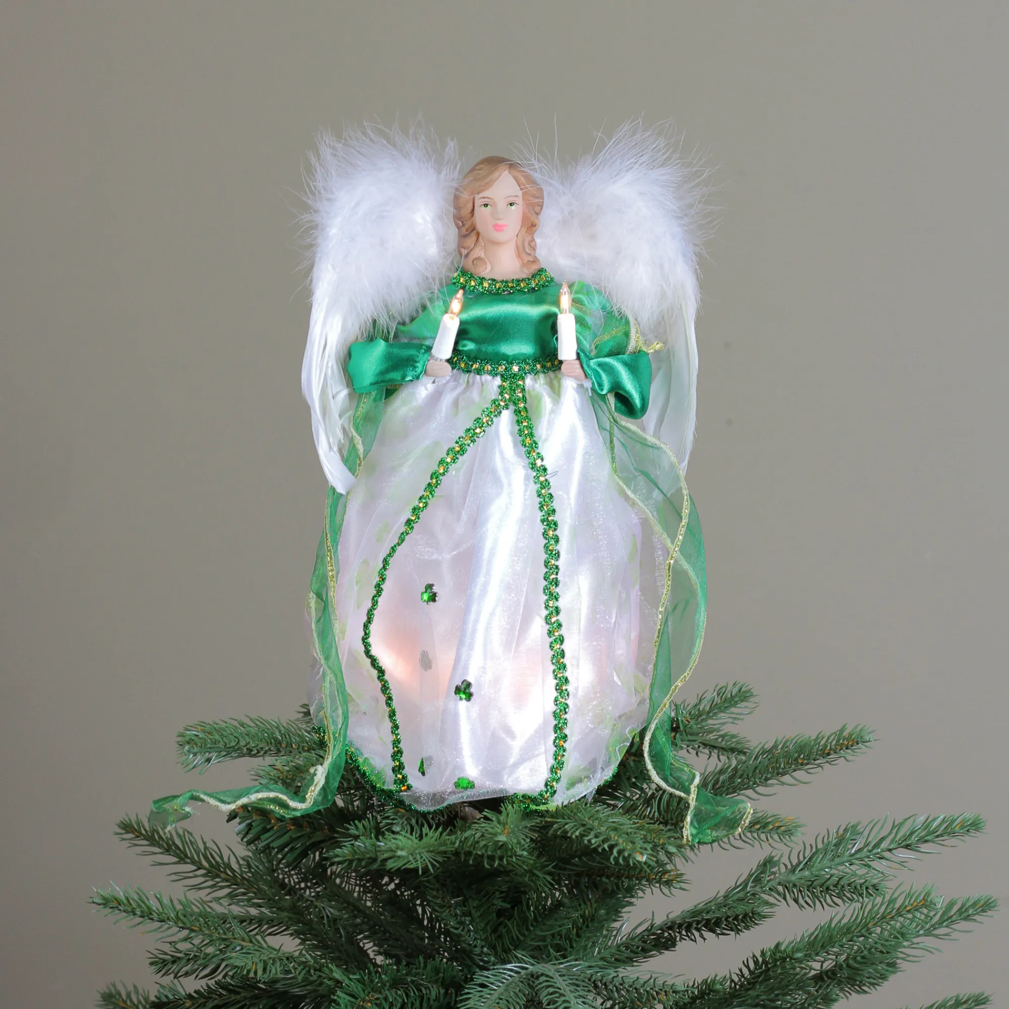 Kurt Adler Angels-12" Green And White Lighted Luck Of The Irish Angel Christmas Tree Topper