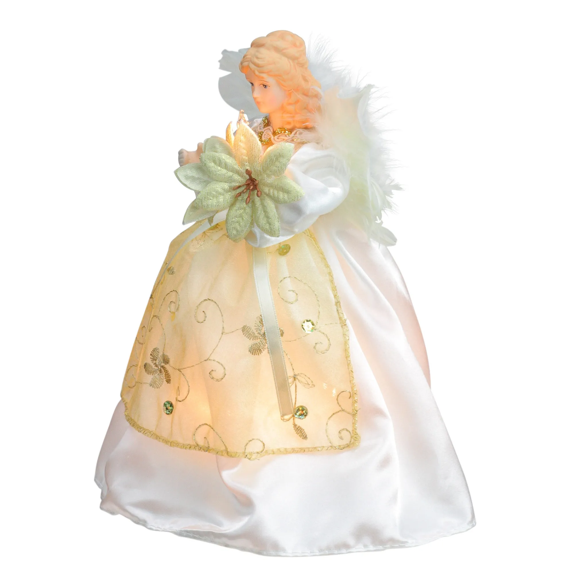 Kurt Adler Angels-9.5" Ivory And Gold Angel With Poinsettia Christmas Tree Topper - Clear Lights
