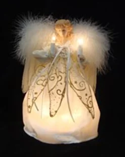 KSA Angels-9" Ivory And Gold Angel With Feather Wings Christmas Tree Topper - Clear Lights