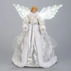 Roman Angels-18" Led Silver And White Christmas Angel Tree Topper With Battery Operated Motion Wings