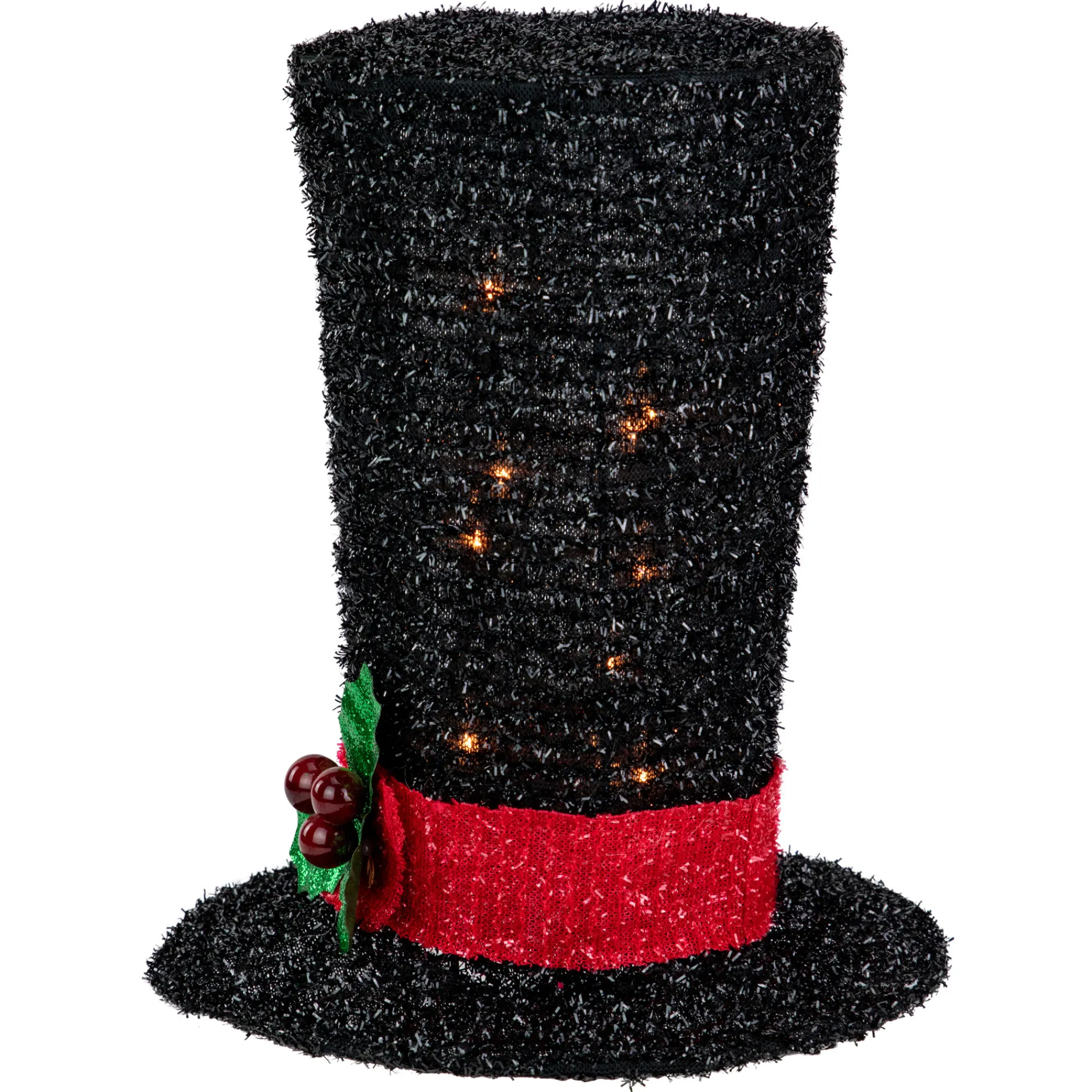 Northlight Stars-9.25" Lighted Black Tinsel Top Hat Christmas Tree Topper, Clear Lights