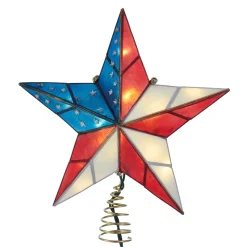 KSA Stars-9.75" Lighted Blue And Red American Flag Star Christmas Tree Topper, Clear Lights