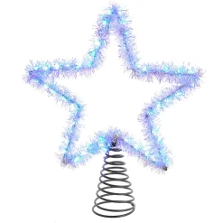 KSA Stars-10.5" Lighted Blue And Silver Tinsel Star Christmas Tree Topper, Cool White Lights