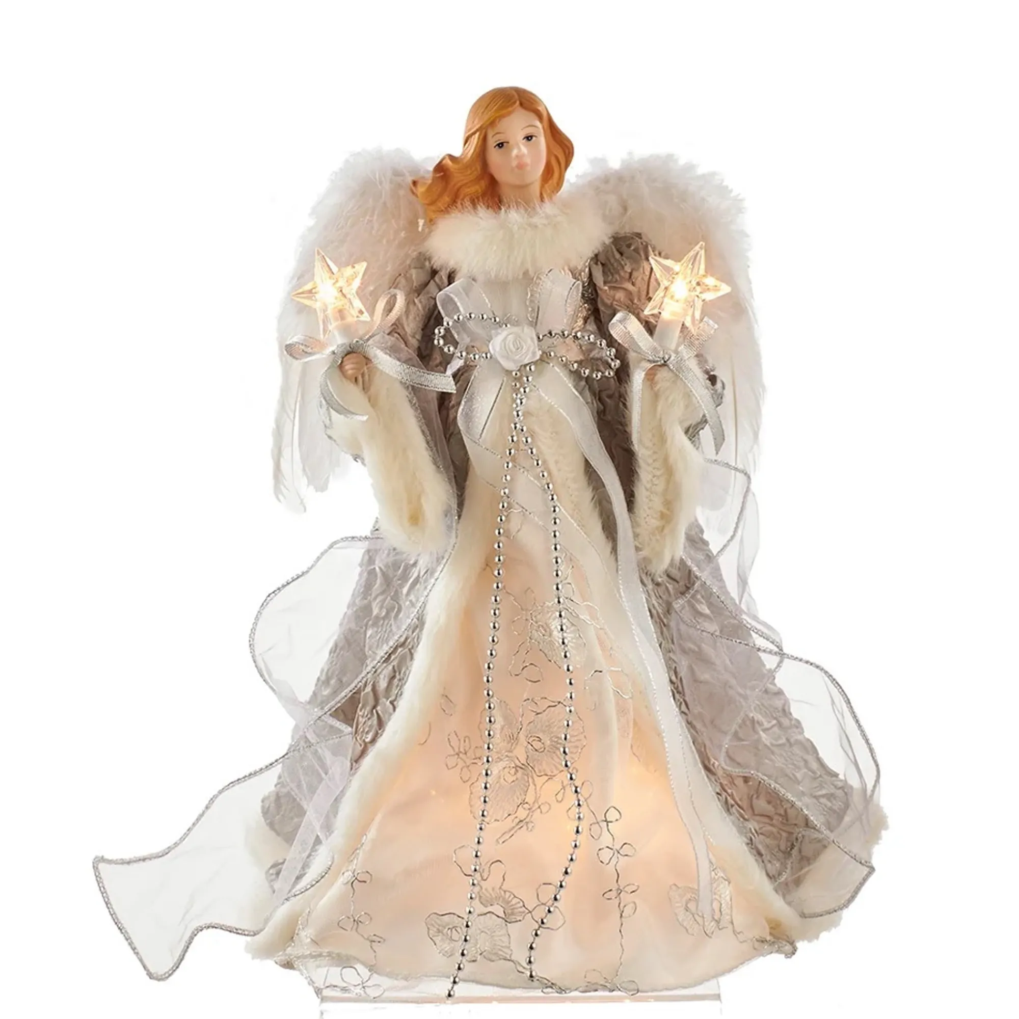 KSA Stars-14" Lighted Brown And White Angel With Stars Christmas Tree Topper, Clear Lights