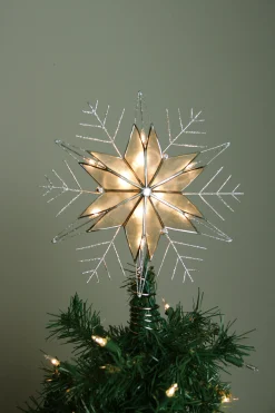 Kurt Adler Stars-10.5" Lighted Capiz Star With Silver Snow Flake Christmas Tree Topper - Clear Lights