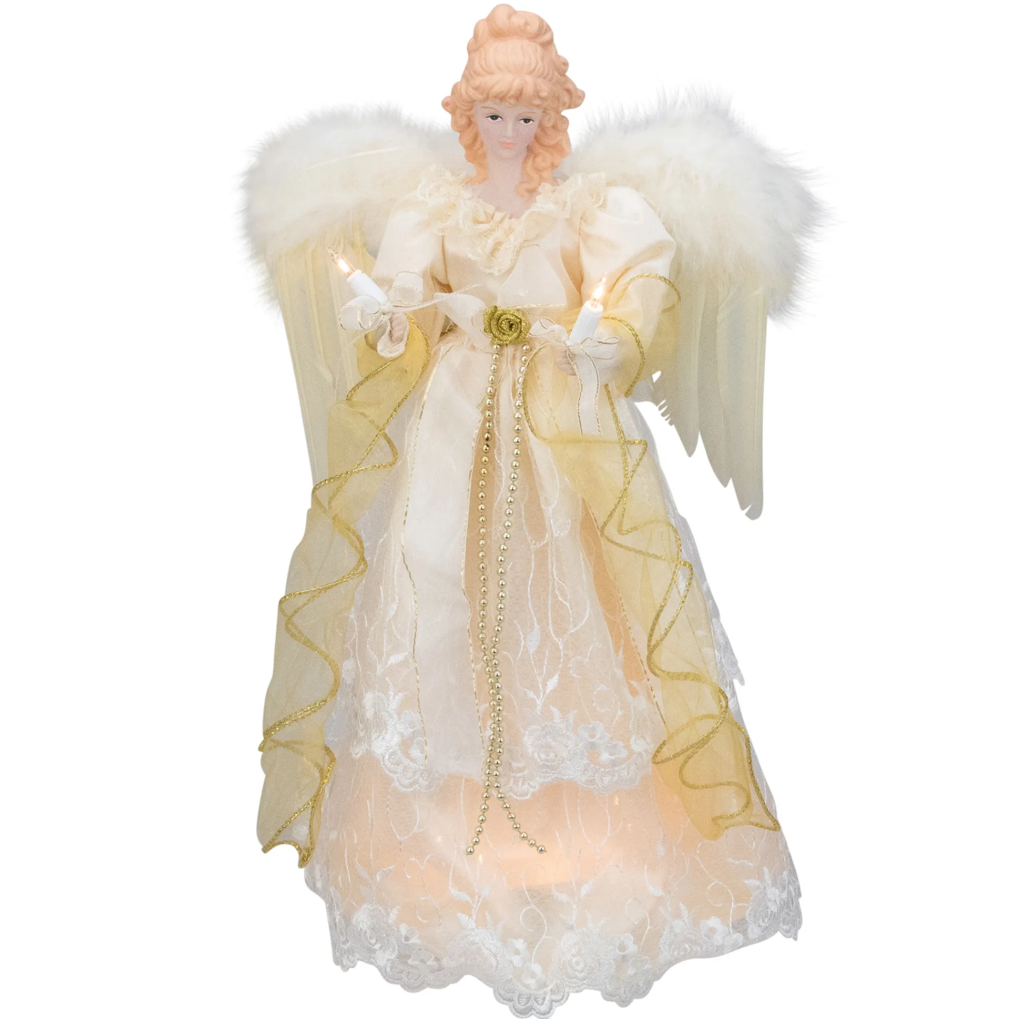 Kurt Adler Angels-16.5" Lighted Cream And Gold Angel Christmas Tree Topper - Clear Lights