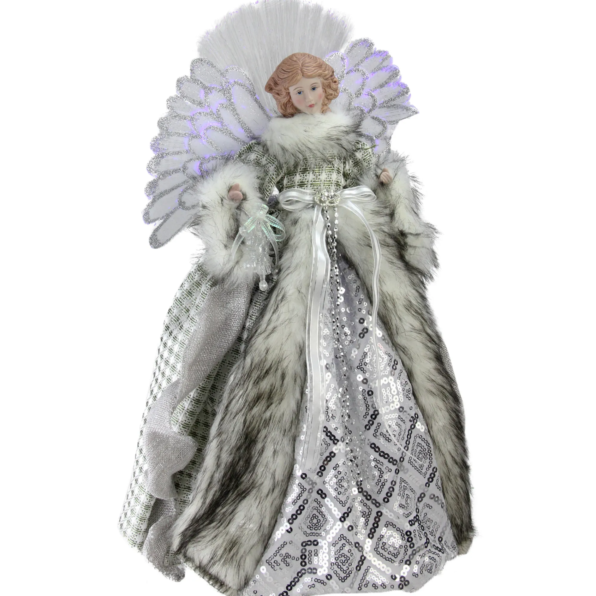 Northlight Angels-16" Lighted Fiber Optic Angel In Silver Gingham Coat Christmas Tree Topper