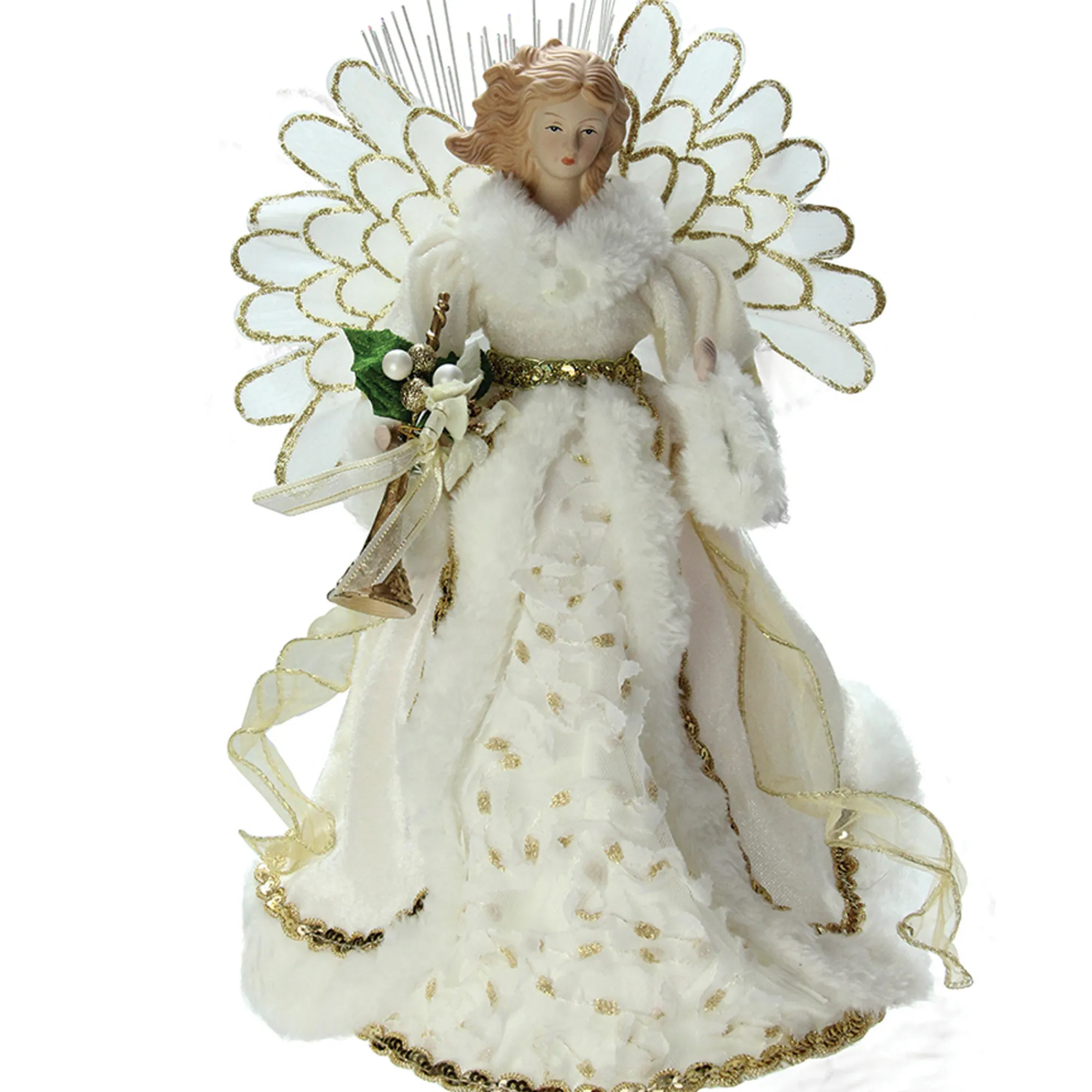 Northlight Angels-14" Lighted Fiber Optic Angel In Cream And Gold Gown Christmas Tree Topper