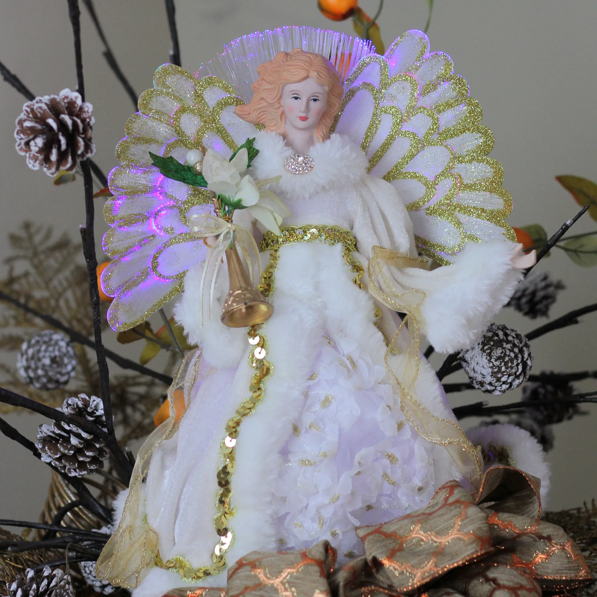 Northlight Angels-14" Lighted Fiber Optic Angel In Cream And Gold Gown Christmas Tree Topper