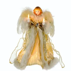 KSA Angels-10" Lighted Fluffy Winged White And Gold Angel Christmas Tree Topper - Clear Lights