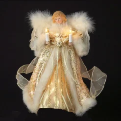 KSA Angels-10" Lighted Fluffy Winged White And Gold Angel Christmas Tree Topper - Clear Lights