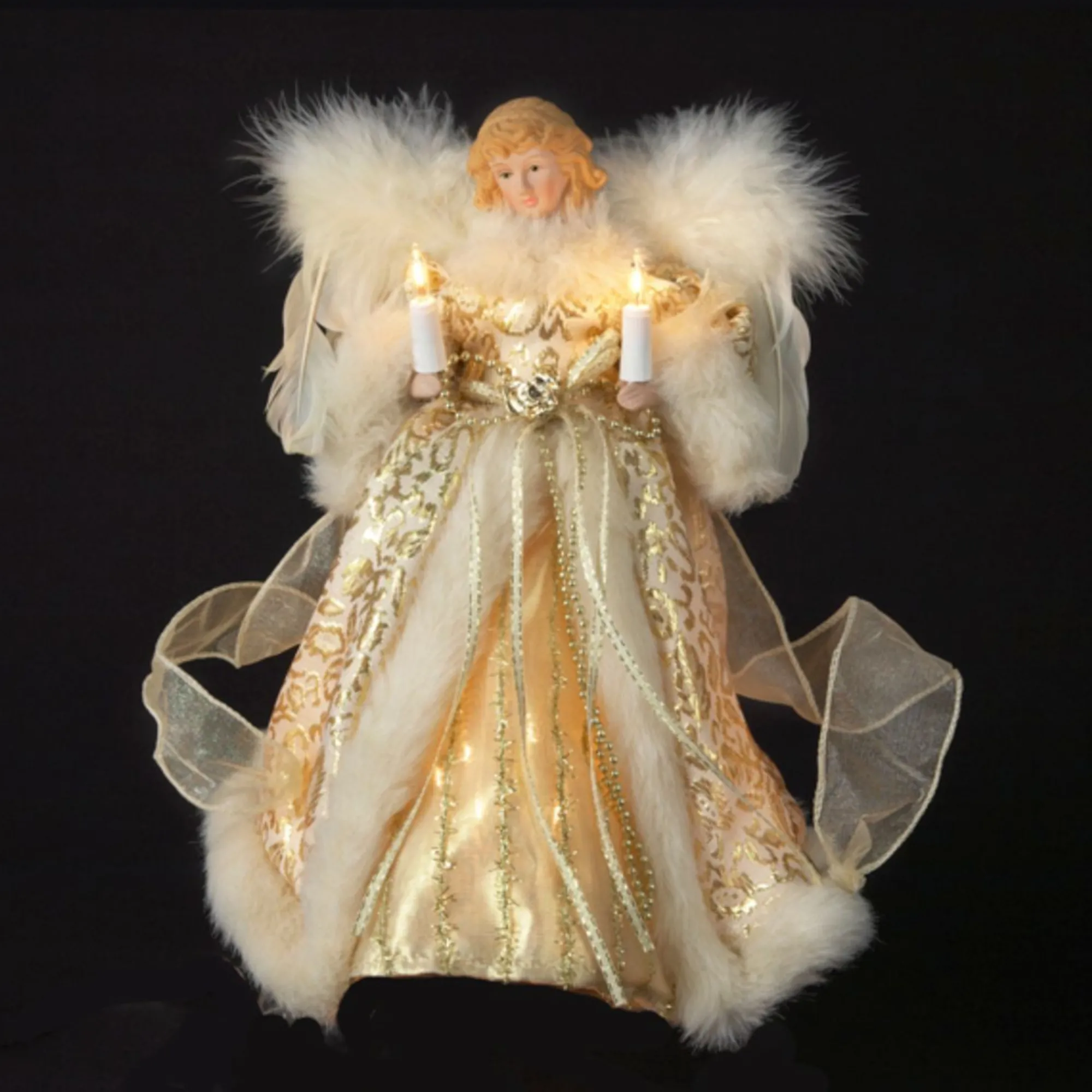 KSA Angels-10" Lighted Fluffy Winged White And Gold Angel Christmas Tree Topper - Clear Lights