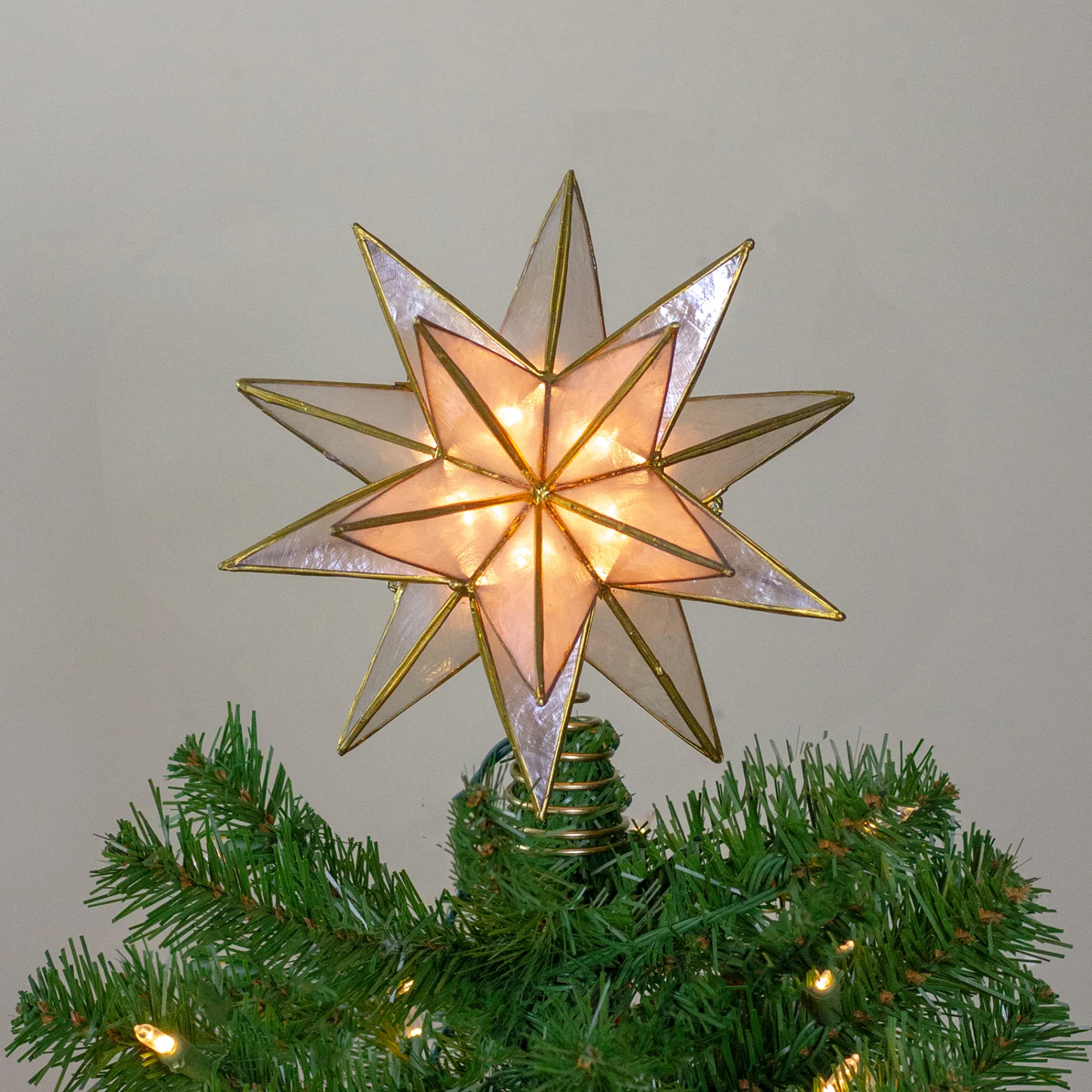 Kurt Adler Stars-10" Lighted Gold And Clear Capiz Star Christmas Tree Topper - Clear Lights