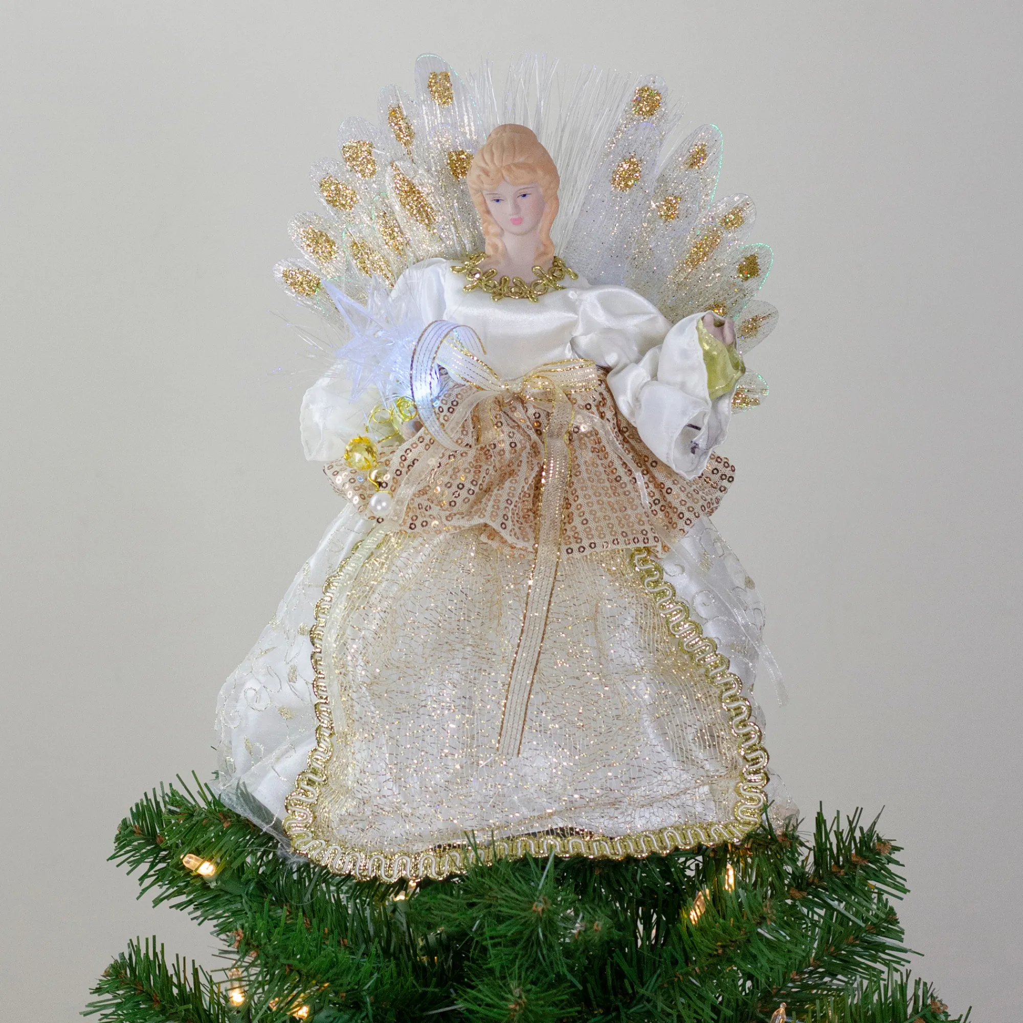 Kurt Adler Angels-12" Lighted Gold And Ivory Angel Tree Topper - Multicolor Fiber Optic Lights