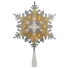 Northlight Snowflake-13.5" Lighted Gold And Silver 3 Layer Snowflake Christmas Tree Topper - Clear Lights