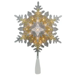 Northlight Snowflake-13.5" Lighted Gold And Silver 3 Layer Snowflake Christmas Tree Topper - Clear Lights