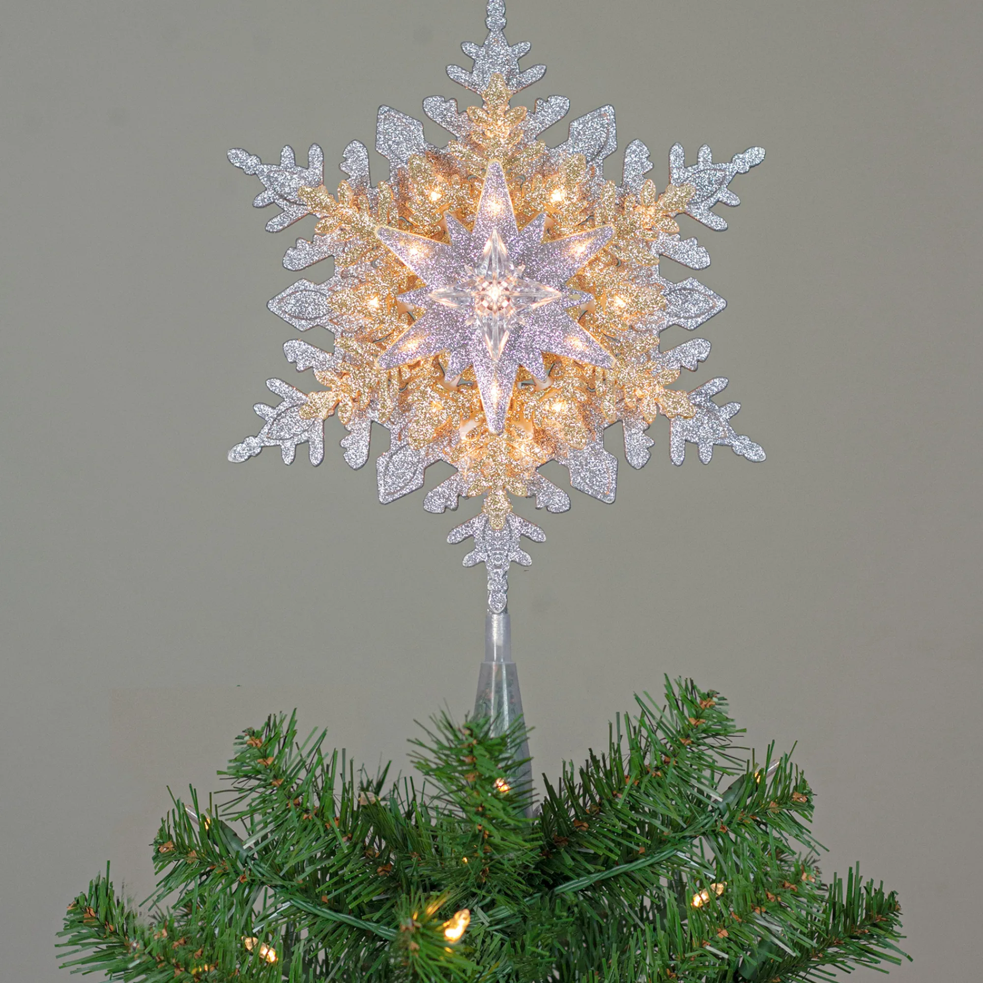 Northlight Snowflake-13.5" Lighted Gold And Silver 3 Layer Snowflake Christmas Tree Topper - Clear Lights