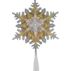 Northlight Snowflake-13.75" Lighted Gold And Silver Snowflake Christmas Tree Topper, Clear Lights